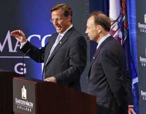 Republican Dave Brat, left, speaks during a debate against Democrat Jack Trammell, at Randolph-Macon College in Richmond, Va., Tuesday, Oct. 28, 2014. The two candidates are running for the 7th district Congressional seat once held by Eric Cantor. (AP Photo/Steve Helber)