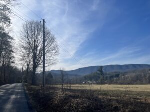 Landscape view of rural area homes in Rockbridge County with powerlines.