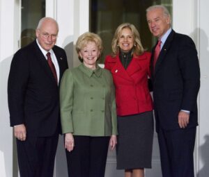 Photo of Vice President Dick Cheney and his wife Lynne Cheney, welcoming Vice President-elect Joe Biden and his wife Jill Biden.
