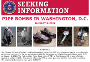 This image shows part of a "Seeking Information" notice released by the Federal Bureau of Investigation regarding pipe bombs planted outside offices of the Democratic and Republican national committees.