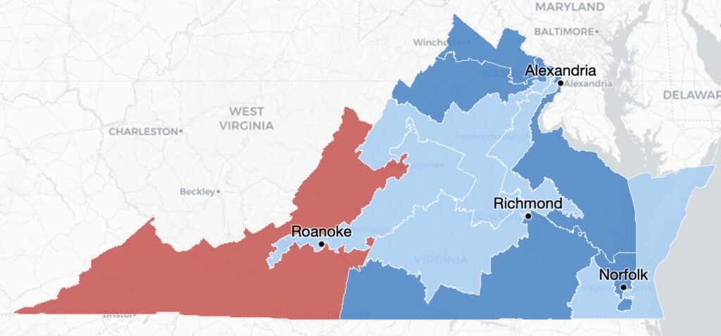Map of Virginia highlight blue and red to illustrating changes. 