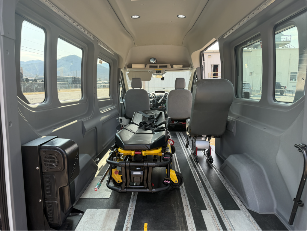 A stretcher sits inside the Valley Area Stretcher Transport vehicle.