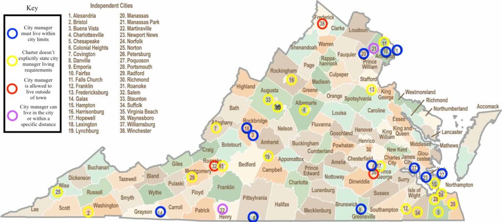 Map of Viriginia showing what cities have rules about housing of the city manager