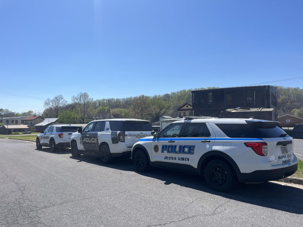 Police cars parked on a street in Buena Vista. 